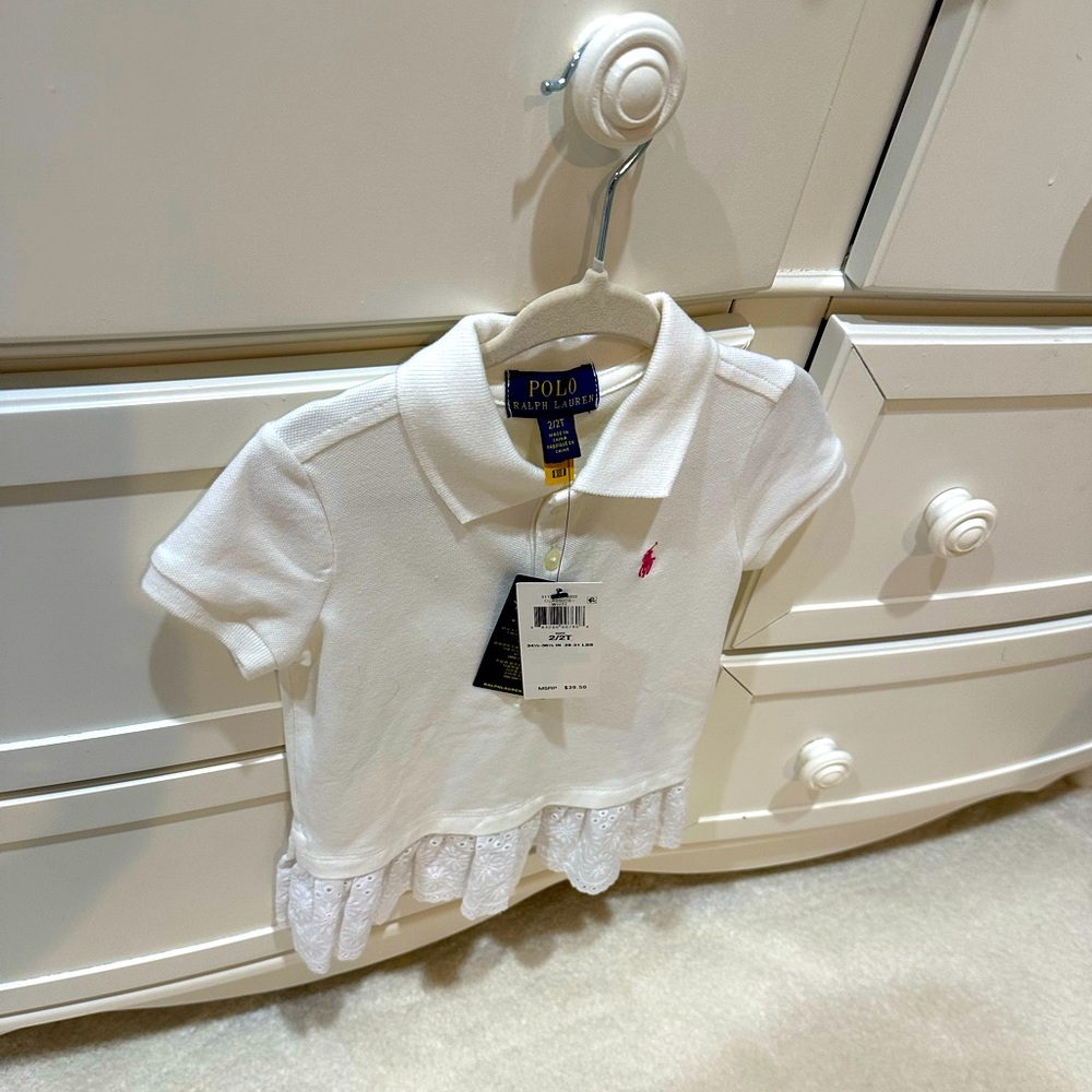 NWT 2T Polo by Ralph Lauren White Polo Shirt with Ruffled Hem